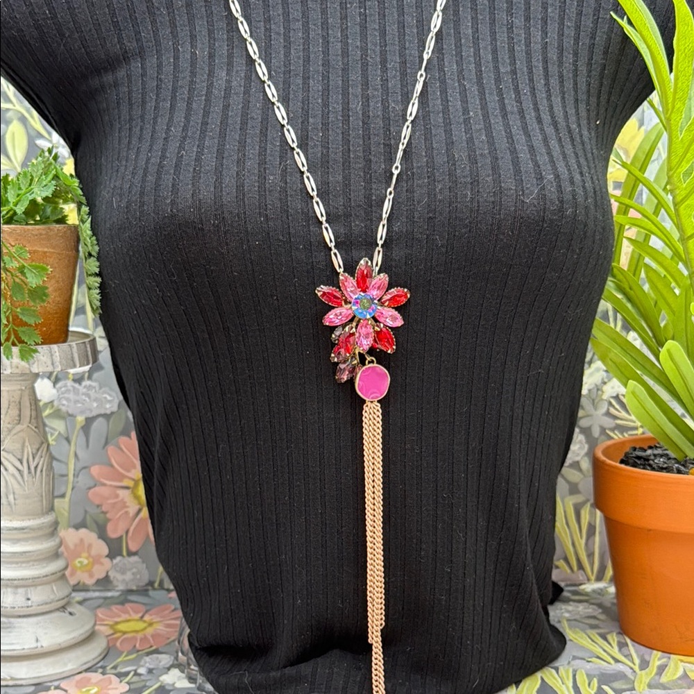 🌟Adorned Crown Jewelry assemblage rhinestone pink mixed metal long necklace